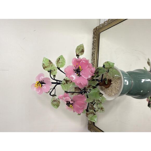 Beautiful Vintage Jade Glass Bonsai Tree Pink Flower Rose, Green Celadon Pot - Picture 4 of 10
